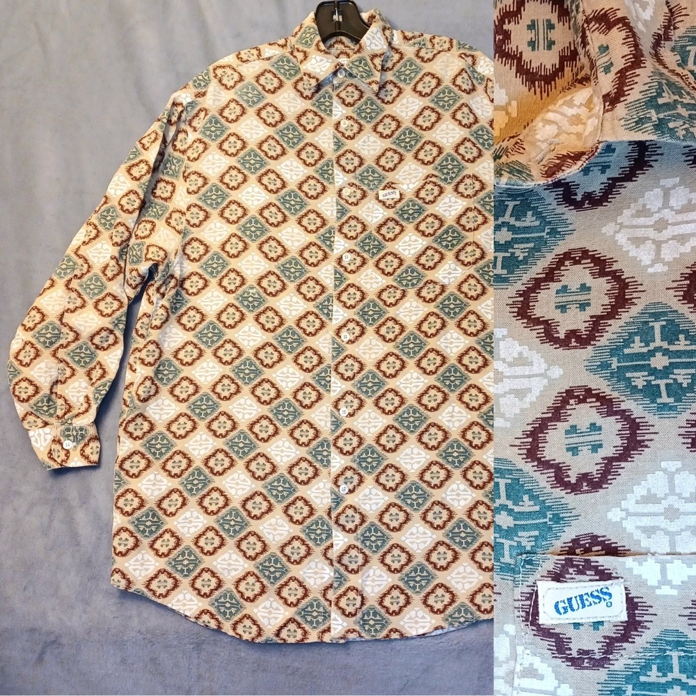 Vintage Guess Shirt‎ Juniors 1 Womens XS Brown Teal 90s USA Southwestern Preppy